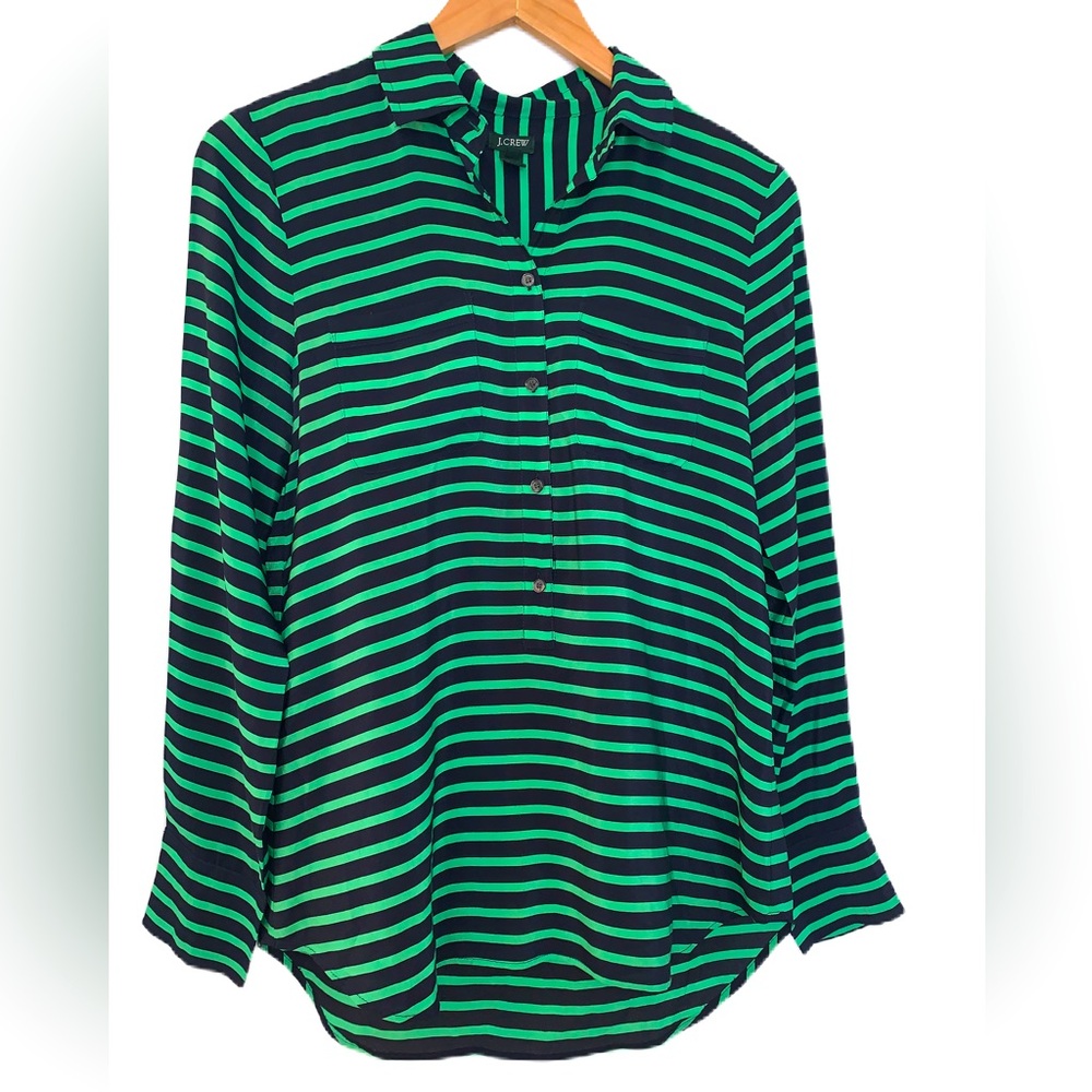 J. Crew Factory Navy & Green Striped Popover Blouse Size XS